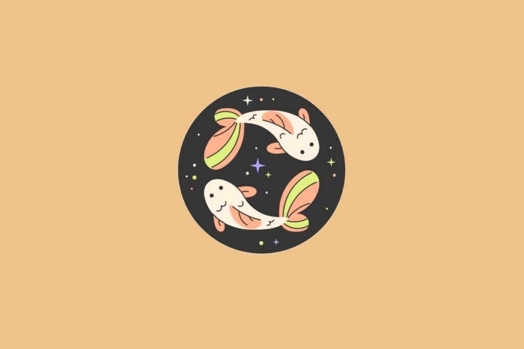Ilustração do signo de Peixes, em fundo alaranjado, com dois peixinhos coloridos girando em sentidos opostos dentro de um círculo