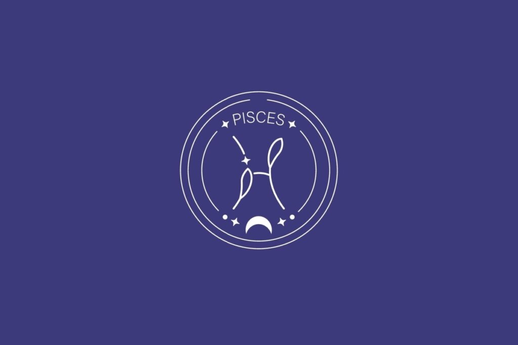 Ilustração do signo de Peixes, com símbolo composto por duas curvas opostas unidas por uma linha central, em fundo escuro