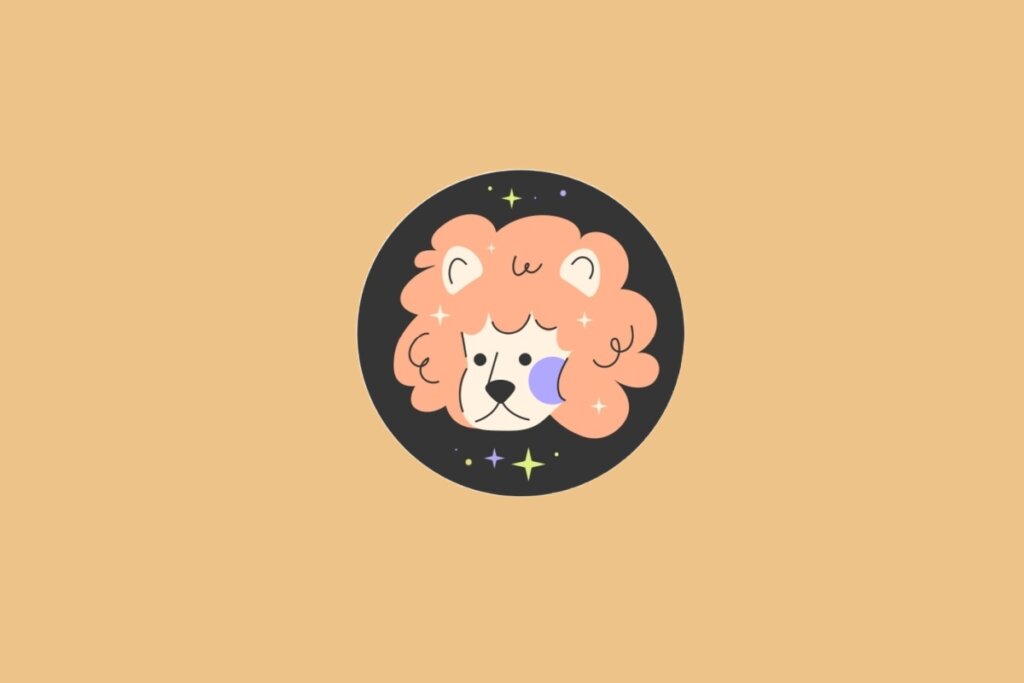 Ilustração do signo de Leão, em fundo alaranjado, com a cabeça de um leão de juba volumosa e detalhes brilhantes ao redor