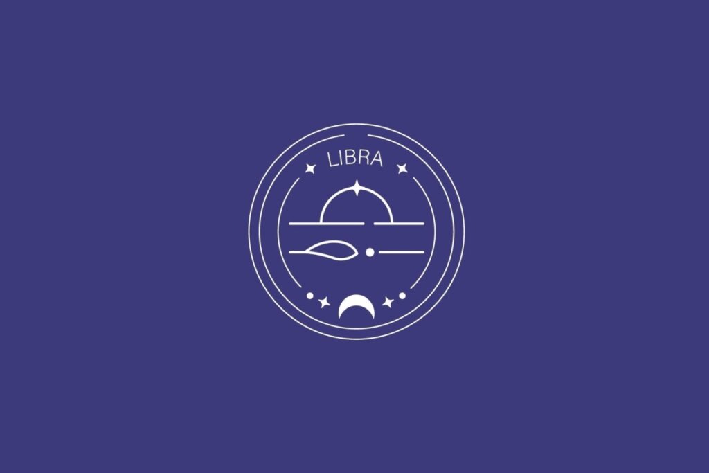 Ilustração do signo de Libra, com símbolo formado por uma linha horizontal e um semicírculo sobre ela, em fundo escuro