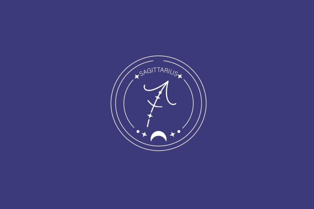Ilustração do signo de Sagitário, com símbolo representado por uma flecha diagonal apontando para cima e à direita, em fundo escuro