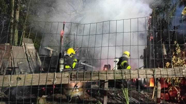 Bombeiros salvam cachorro que estava preso em casa destruída por incêndio no Sul de SC