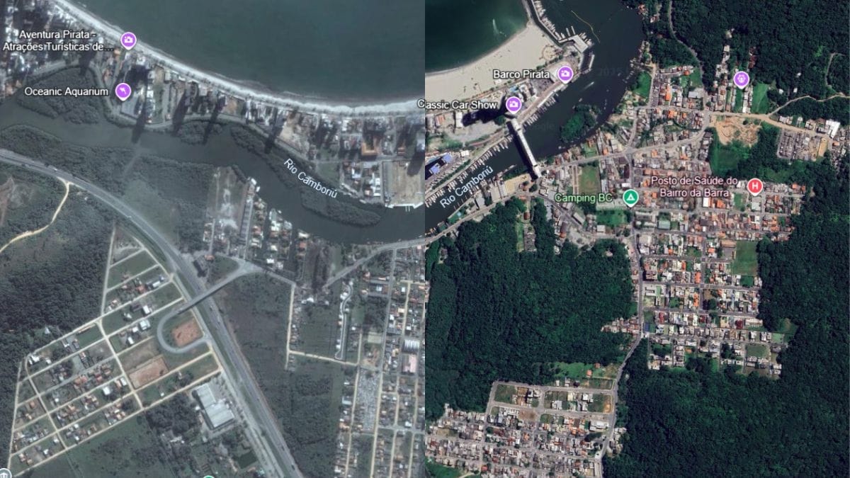 Comparação de fotos de satélite mostra a região da Barra Sul, em Balneário Camboriú, em 2005 e 2025, revelando o crescimento urbano e a expansão das construções.