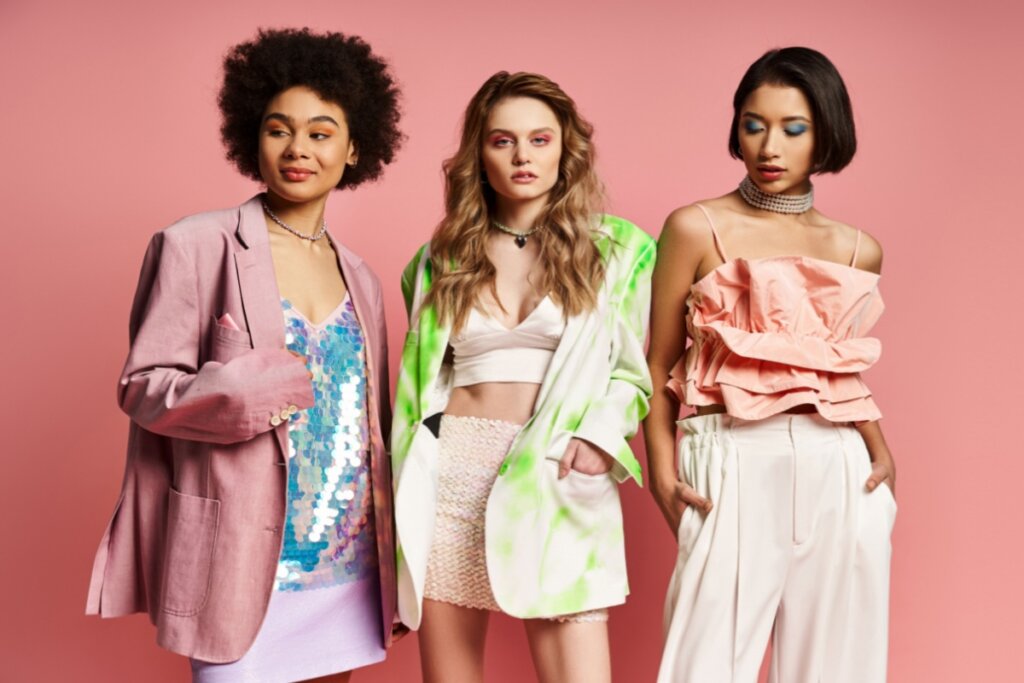 três mulheres em fundo rosa. uma de camiseta florida azul com blazer rosa, outra de top e saia bege com blazer branco e bege e uma com calça branca de camiseta salmão