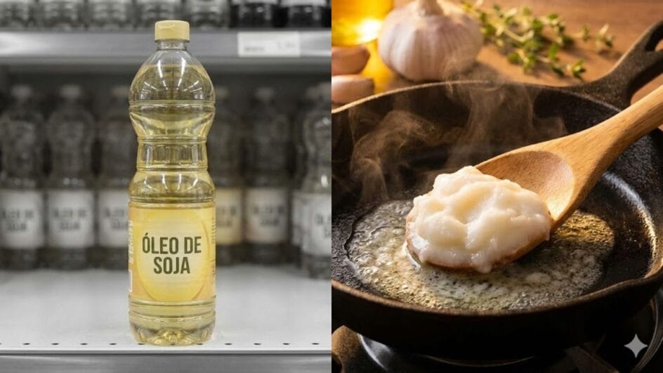 uma composição "Lado a Lado" (Split Screen). Esquerda: Uma garrafa de óleo de soja com líquido óleo amarelo genérica com um filtro levemente desbotado ou cinza. Direita: Uma colher de madeira cheia de banha branca, cremosa, caindo em uma frigideira quente, com iluminação dourada e apetitosa.