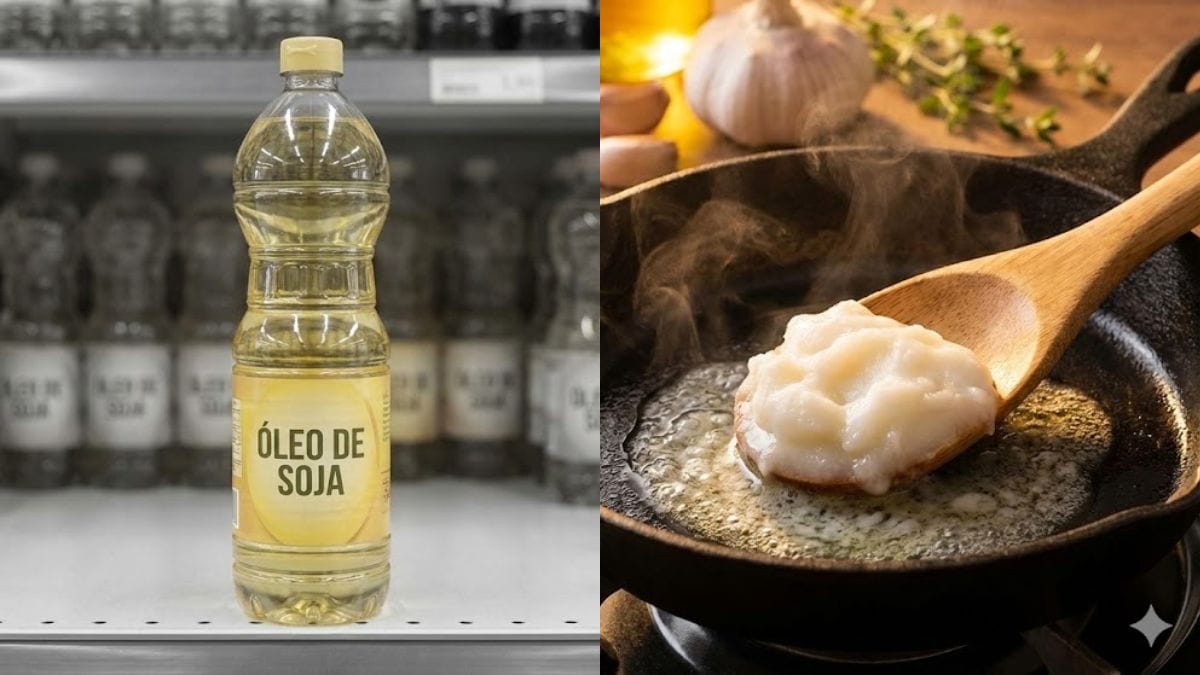 uma composição "Lado a Lado" (Split Screen). Esquerda: Uma garrafa de óleo de soja com líquido óleo amarelo genérica com um filtro levemente desbotado ou cinza. Direita: Uma colher de madeira cheia de banha branca, cremosa, caindo em uma frigideira quente, com iluminação dourada e apetitosa.