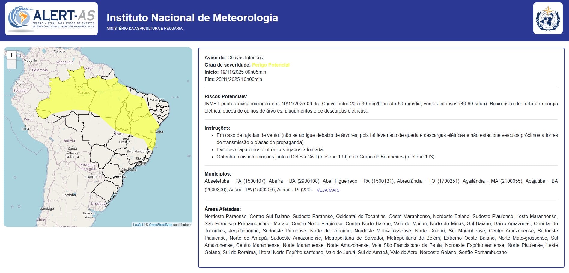 Alerta do Inmet para estados