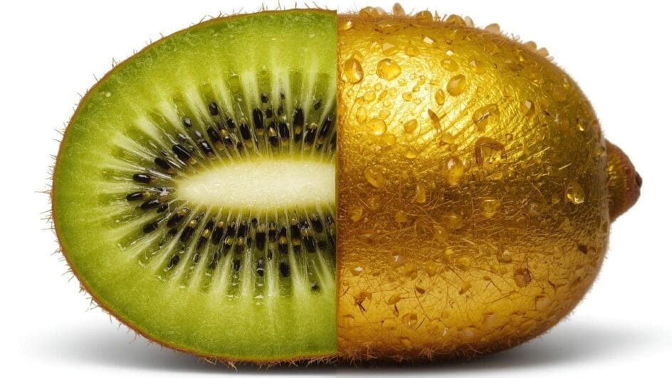 Macrofotografia (zoom) em Split Screen. Metade esquerda mostrando o interior do kiwi verde com sementes pretas; metade direita mostrando o brilho dourado do kiwi gold.