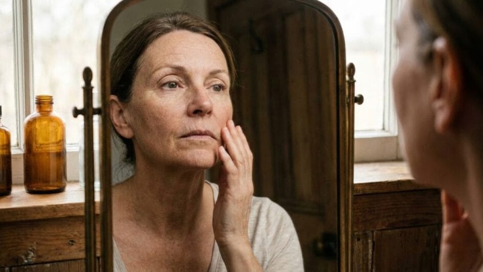 Mulher de aprox. 50 anos tocando o rosto em frente ao espelho com expressão analítica (não triste, mas atenta), com um leve filtro destacando a textura da pele.