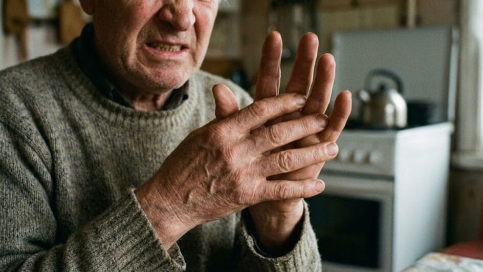 Uma foto em close-up das mãos de uma pessoa esfregando-as ou massageando-as, com uma expressão de desconforto.