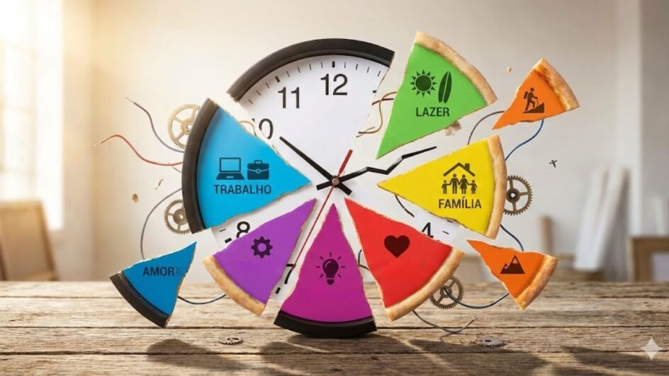 Uma imagem conceitual de um relógio "quebrado" ou fatiado em pedaços (fatias de pizza), onde cada fatia tem uma cor diferente (representando trabalho, lazer, família).