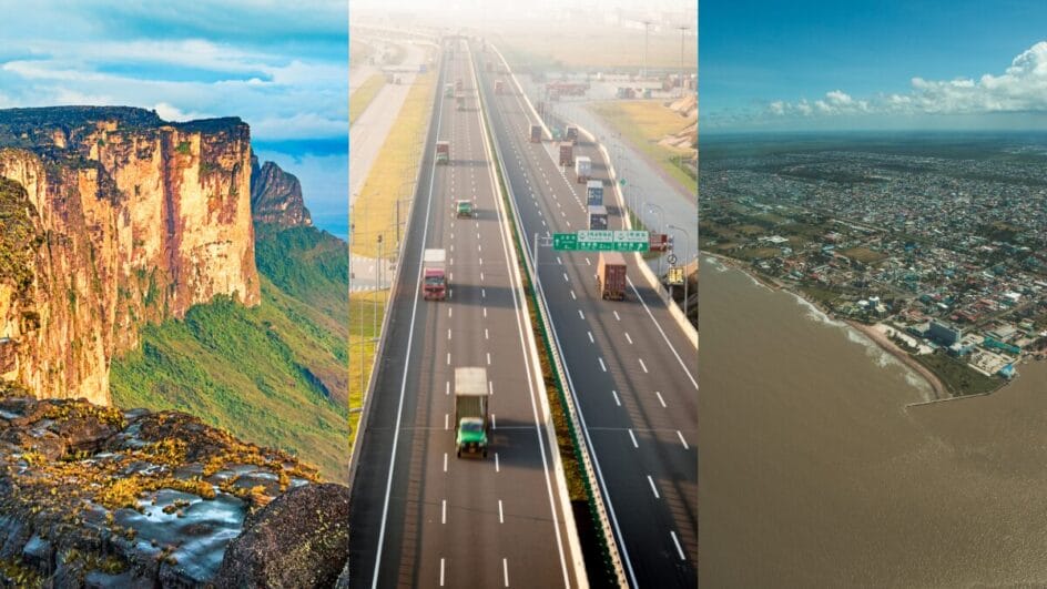 Foto mostrando Roraima no Brasil, e Georgetown na Guiana e uma superestrada ao meio