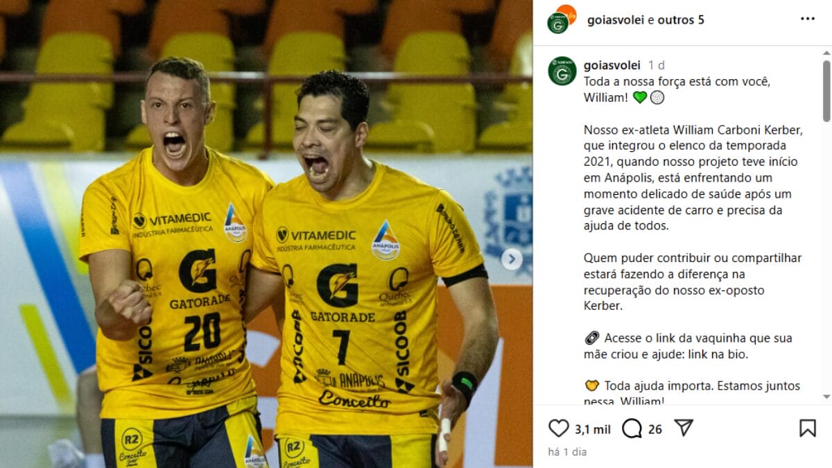 Post no instagram do clube Goiás divulgando vakinha para ajudar na recuperação do oposto William Carboni