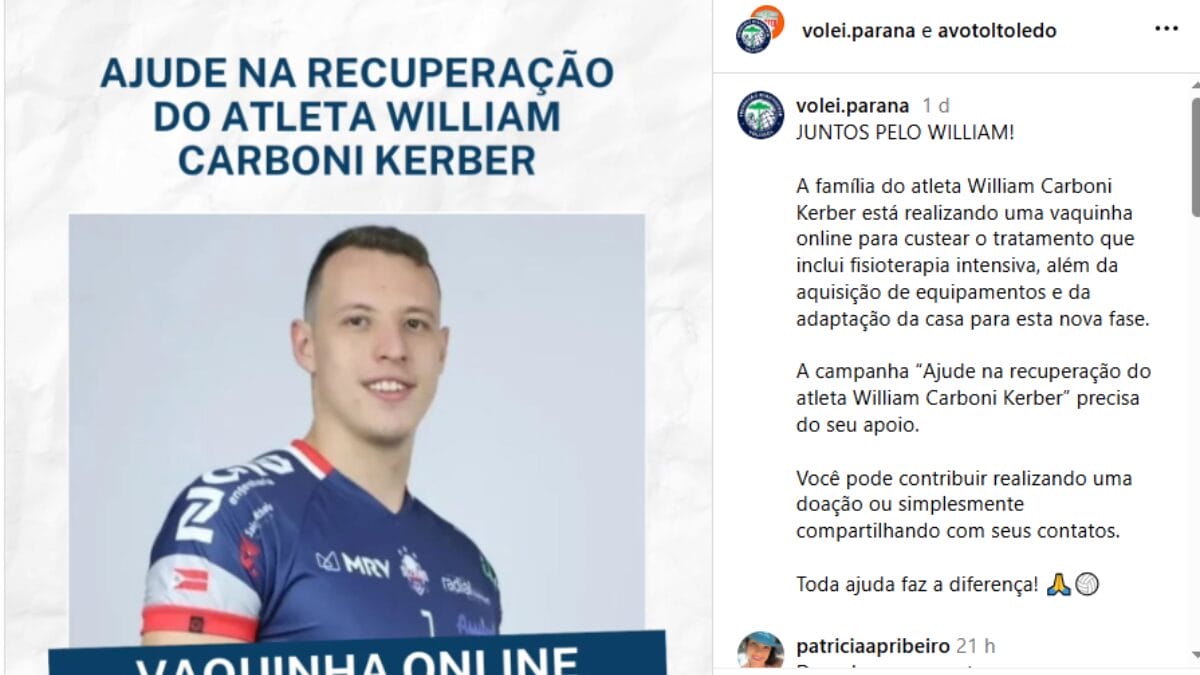 Post no instagram do clube Paraná divulgando vakinha para ajudar na recuperação do oposto William Carboni
