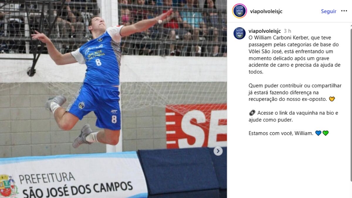 Post no instagram do clube São José divulgando vakinha para ajudar na recuperação do oposto William Carboni