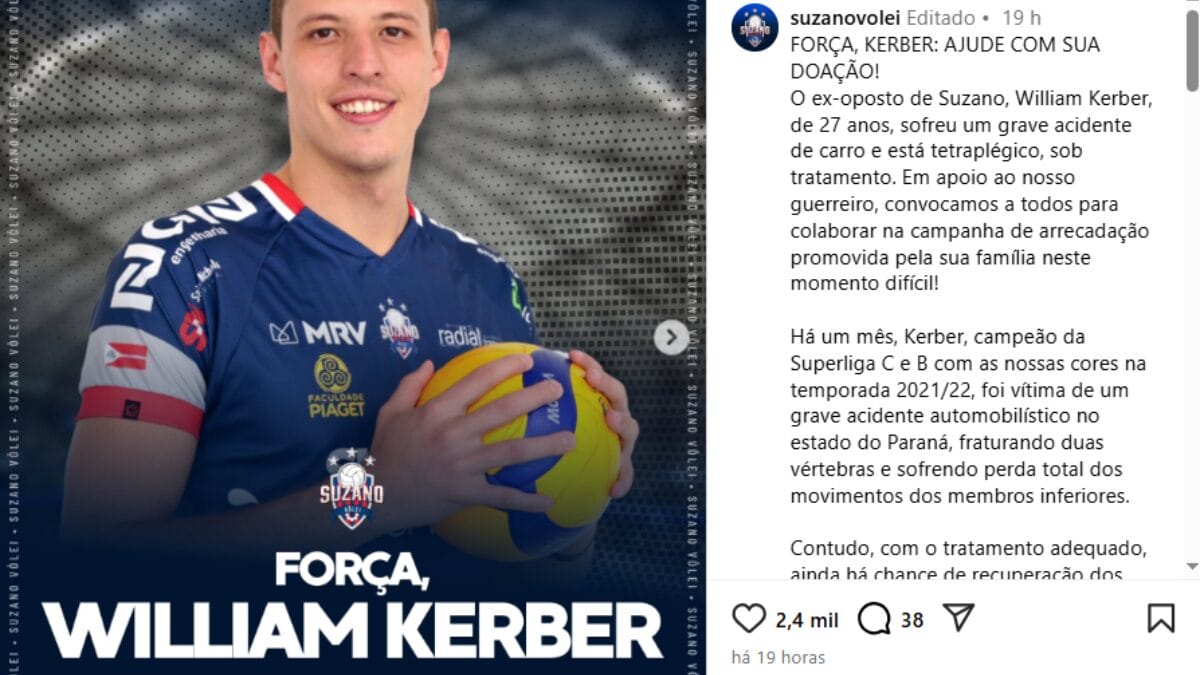 Post no instagram do clube Suzano divulgando vakinha para ajudar na recuperação do oposto William Carboni