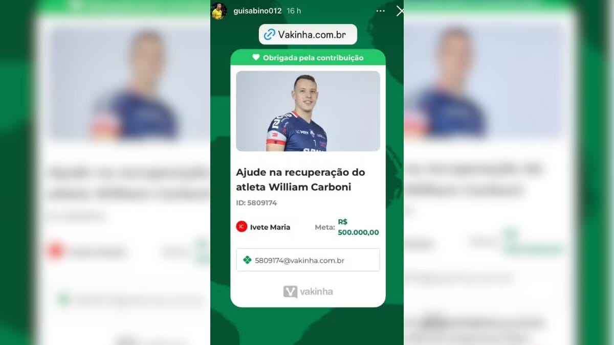 Stories de Guilherme Sabino, do Suzano, divulgando vakinha para ajudar na recuperação do oposto William Carboni