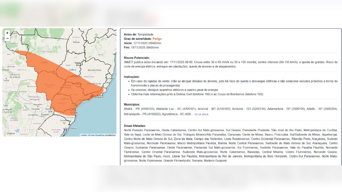 Inmet emite alertas de fenômenos relacionados a ciclone em estados do Brasil