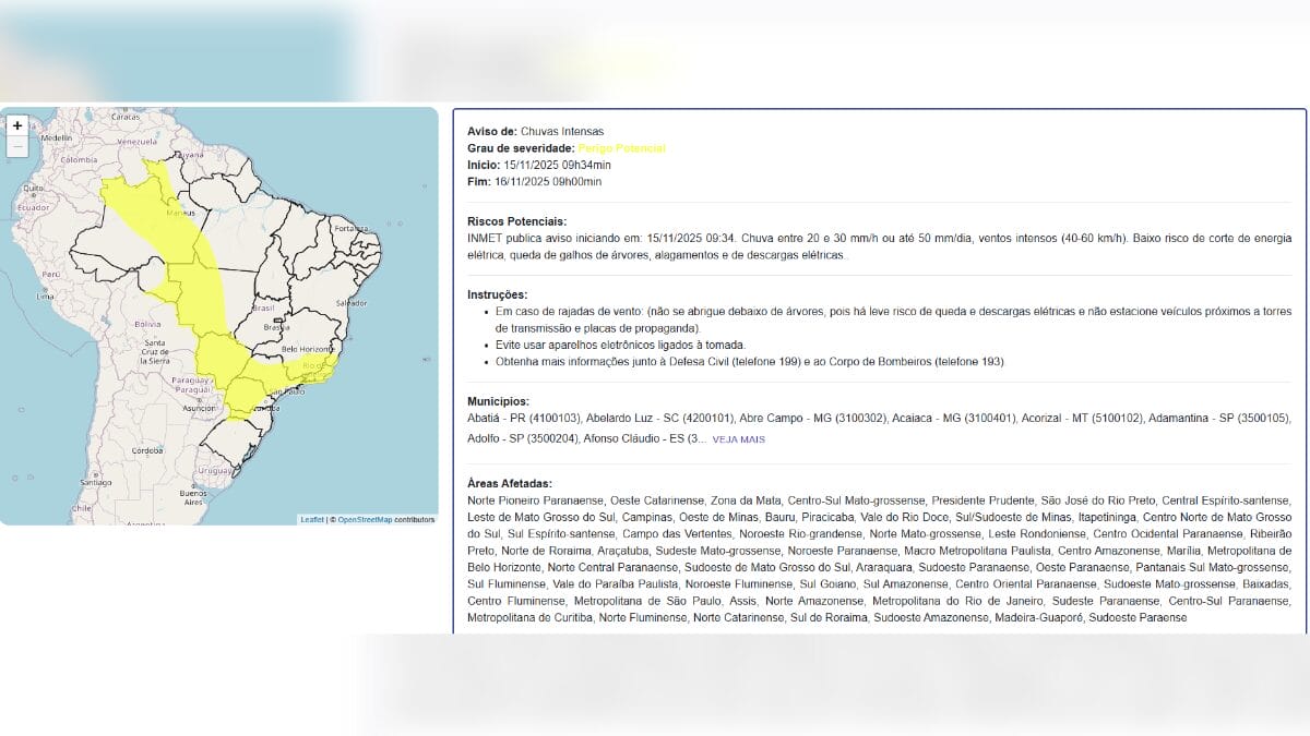 Inmet emite alertas de fenômenos relacionados a ciclone em estados do Brasil
