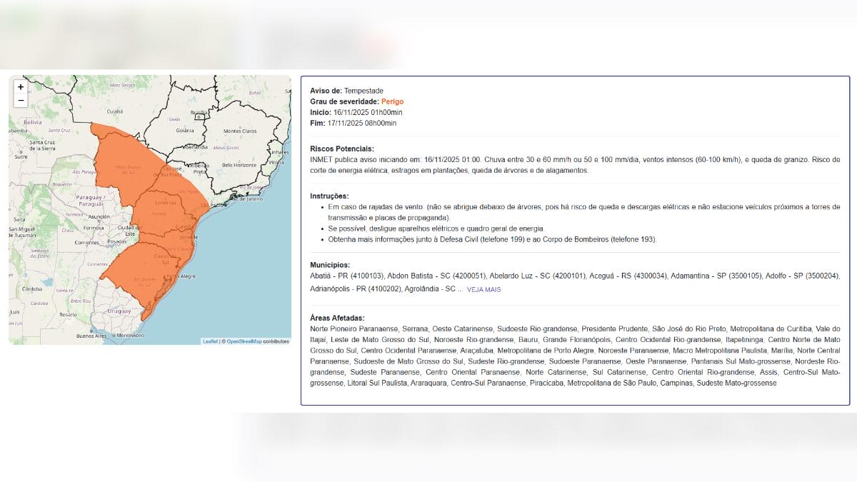 Inmet emite alertas de fenômenos relacionados a ciclone em estados do Brasil