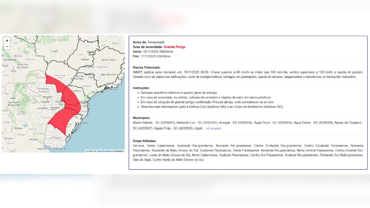 Inmet emite alertas de fenômenos relacionados a ciclone em estados do Brasil