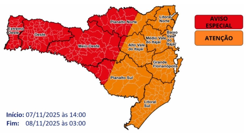 Temporais com vendaval e chuva intensa entre a tarde de sexta-feira (8) e a madrugada de sábado (8)