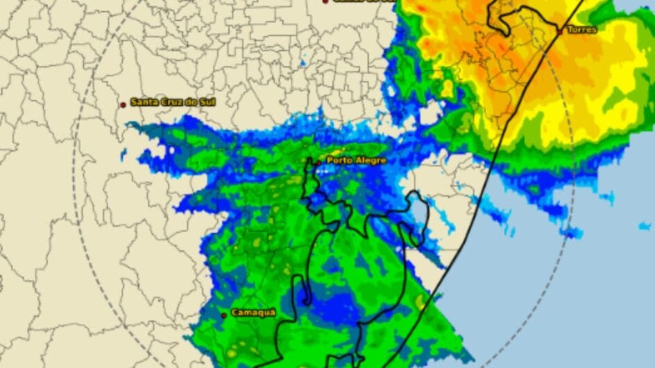 Imagens de satélite do Rio Grande do Sul mostram grande volume de chuva (Foto: Defesa Civil do RS, Reprodução)