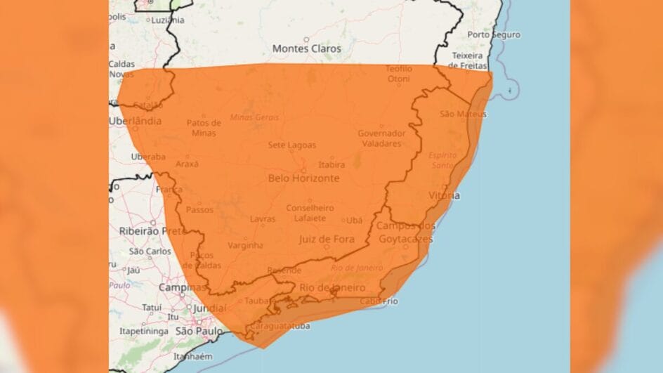 Imagem mostra mapa laranja que indica risco de tempestades em seis estados do Brasil