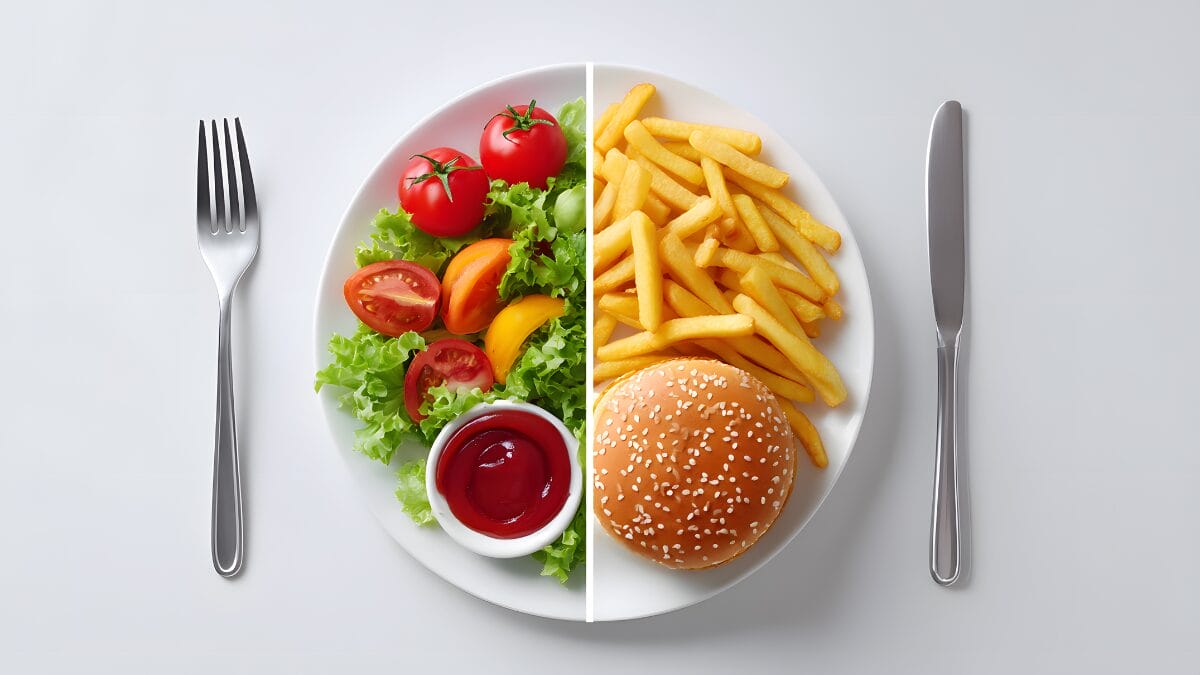 Prato dividido comparando alimentos ultraprocessados e alimentos saudáveis, como peixe e legumes, que auxiliam na concentração de quem tem TDAH