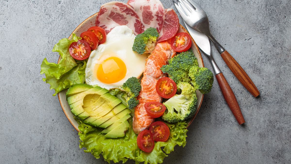 prato com alimentos típicos da dieta cetogênica com carnes, ovos e abacate