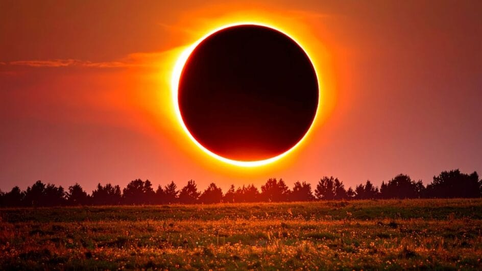 foto mostra o momento em que a lua encobre o sol e faz sombra na terra em um eclipse solar total