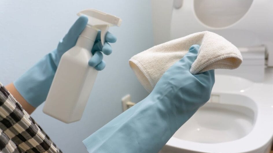 pessoa usando spray e limpando vaso sanitário