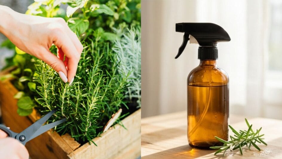 foto mostra alecrim e um frasco de spray com alecrim e vinagre