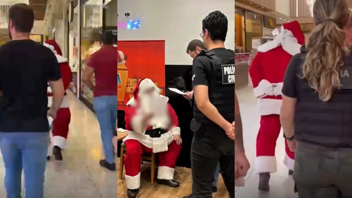 Montagem com três fotos, em todas elas um homem vestido de Papai Noel, de roupa vermelha, gorro e barba branca, é cercado por outros homens e mulheres com coletes escrito "Polícia Civil"