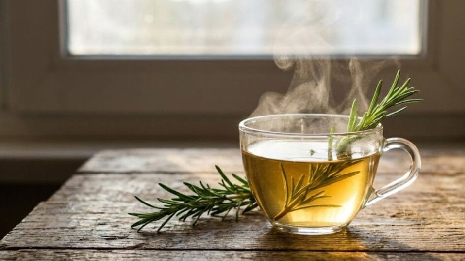 Uma xícara de chá transparente saindo vapor, com um ramo de alecrim fresco bem verde dentro e outro sobre a mesa de madeira rústica. Iluminação natural (manhã).