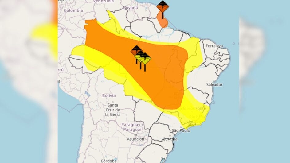 Foto mostra os alertas válidos em um mapa do Brasil