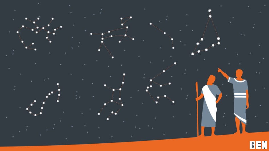 Arte que mostra céu estrelado e pessoa olhando para as estrelas.