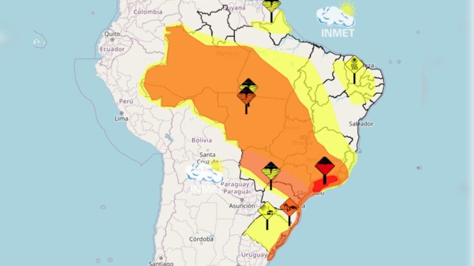 Foto mostra o mapa do Brasil com os alertas em vigor