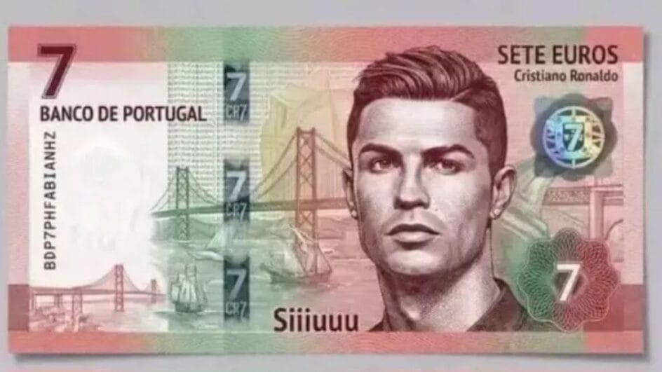 Nota de 7 euros falsa com o rosto de Cristiano Ronaldo