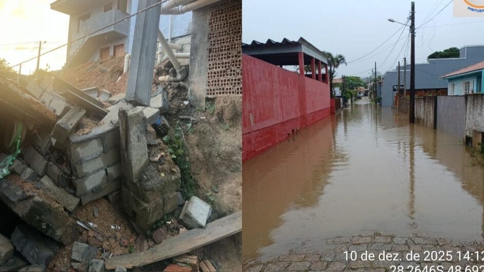 Imóvel danificado em Braço do Norte e rua alagada em Imbituba