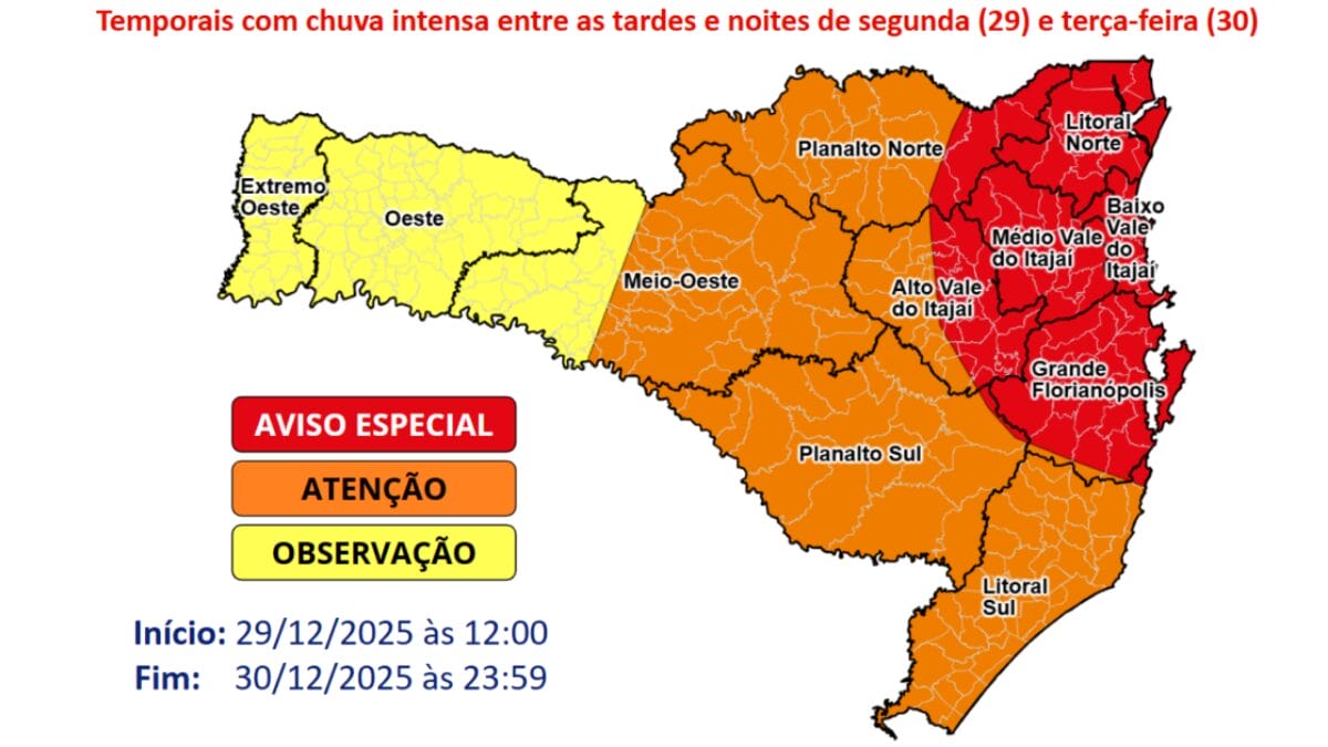 Defesa Civil coloca regiões de SC em alerta máximo para temporais de até 200 mm