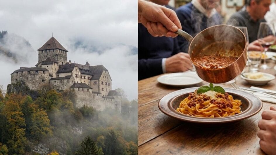 Uma colagem (split-screen). Lado esquerdo: O Castelo de Vaduz (Liechtenstein) no topo da montanha com neblina. Lado direito: Um prato de massa autêntica em Bolonha sendo servido.