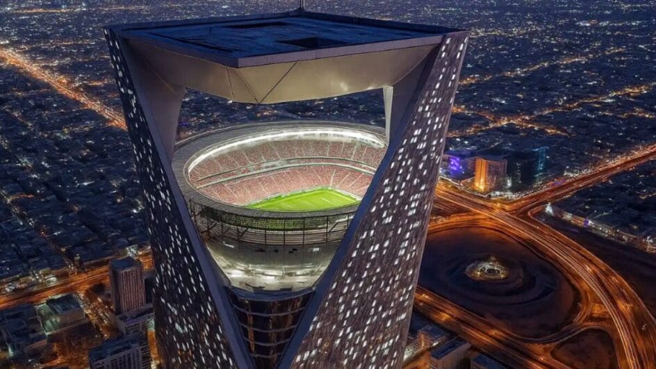 Foto gerada por inteligência artificial projeta ideia do estádio nas alturas (Foto: gerada por IA)