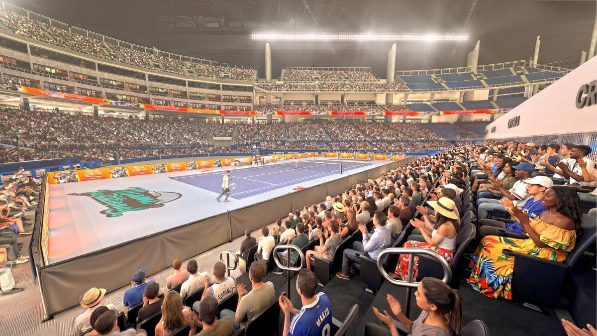 Jogo de tênis acontecendo com o LoanDepot Park lotado