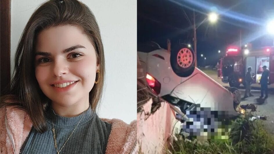 Montagem com foto de jovem morta em acidente de trânsito, e imagem do carro capotado