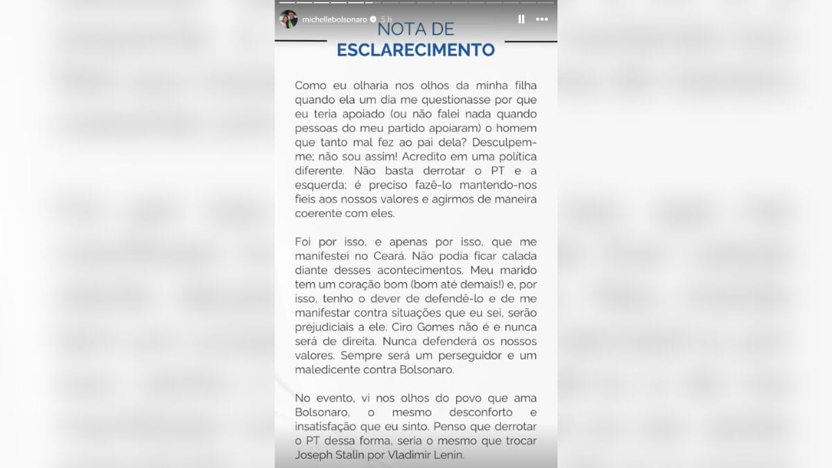 Pronunciamento de Michelle Bolsonaro nas redes sociais