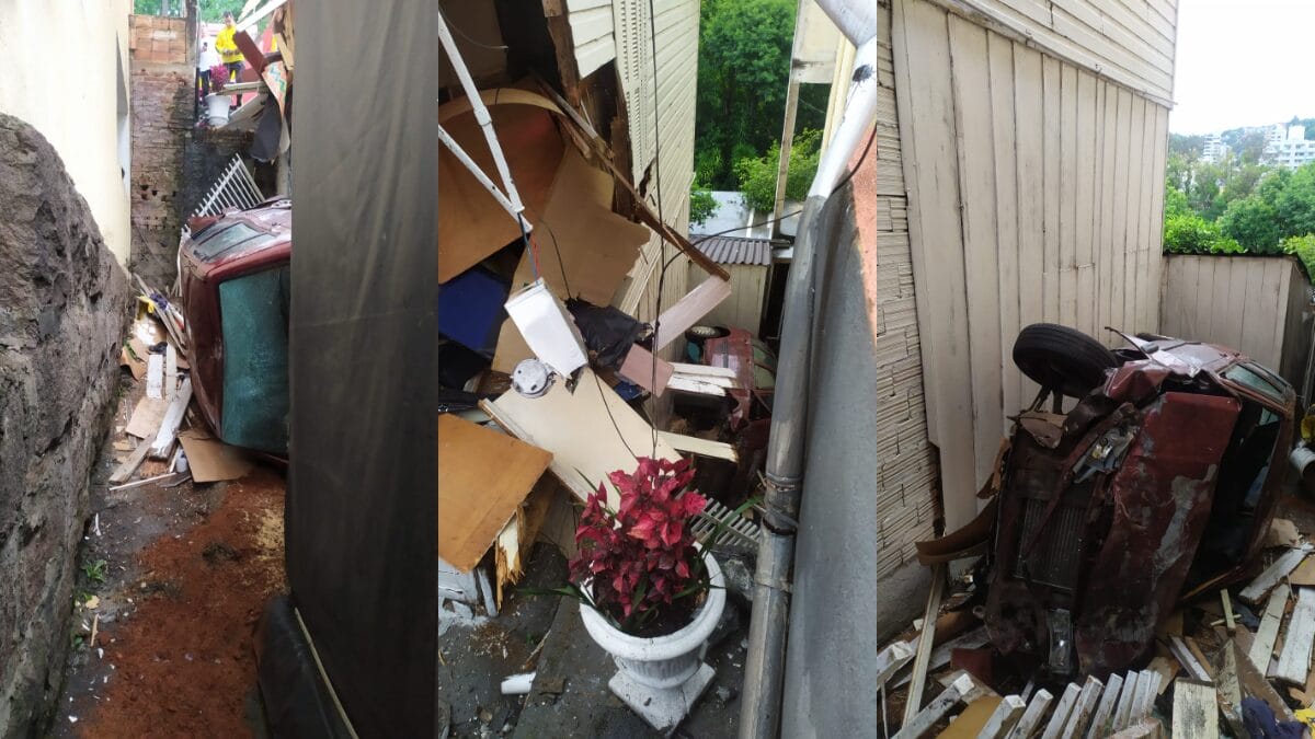 Carro gravemente danificado após acidente em 9/12/2025 em Joaçaba, com bombeiro trabalhando na remoção dos destroços.