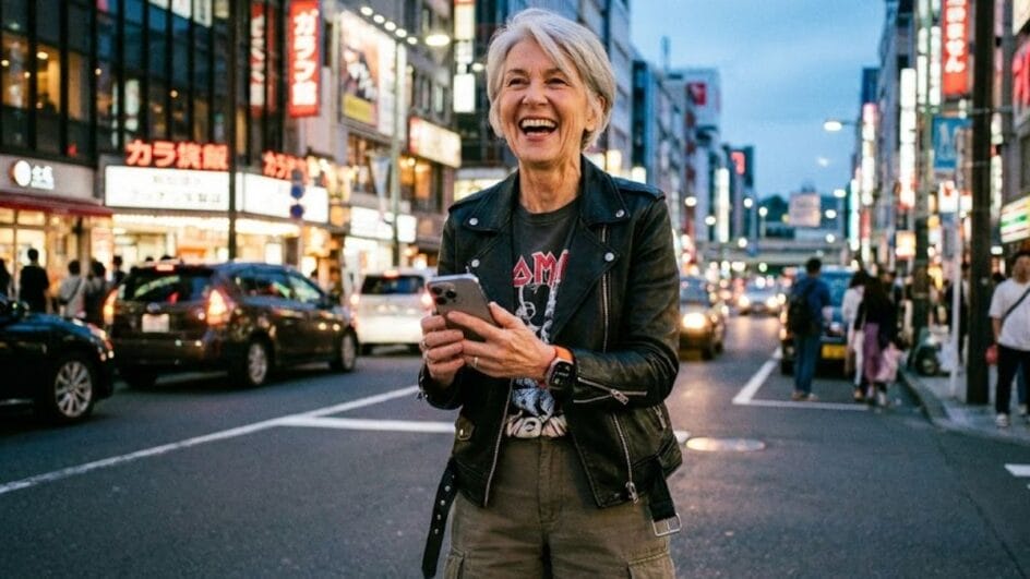 uma pessoa de cabelos grisalhos (50-60 anos), muito bem vestida (estilo moderno/casual, jaqueta de couro ou tênis da moda), segurando um smartphone de última geração e rindo, ou usando um smartwatch. O fundo deve ser urbano e iluminado.