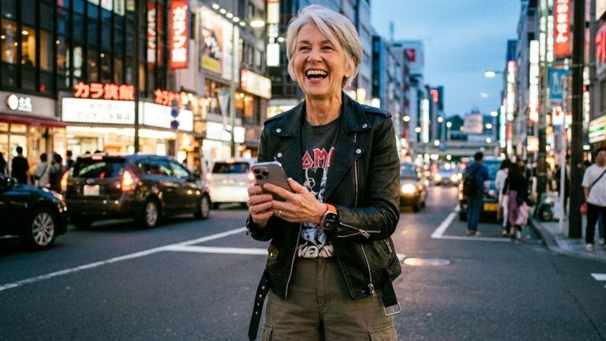 uma pessoa de cabelos grisalhos (50-60 anos), muito bem vestida (estilo moderno/casual, jaqueta de couro ou tênis da moda), segurando um smartphone de última geração e rindo, ou usando um smartwatch. O fundo deve ser urbano e iluminado.