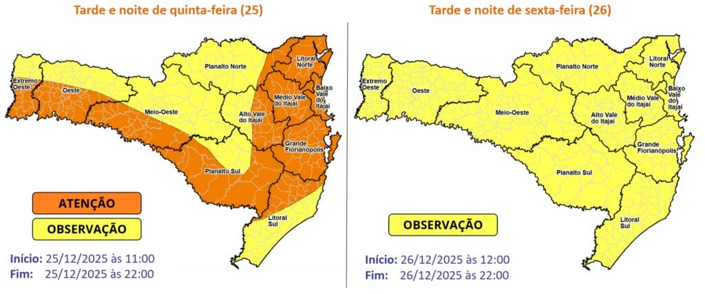 Atualiza&ccedil;&atilde;o: Aten&ccedil;&atilde;o Meteorol&oacute;gica SDC/SC 25/12 09:20 &ndash; Temporais com chuva intensa entre a quinta (25) e a sexta-feira (26)